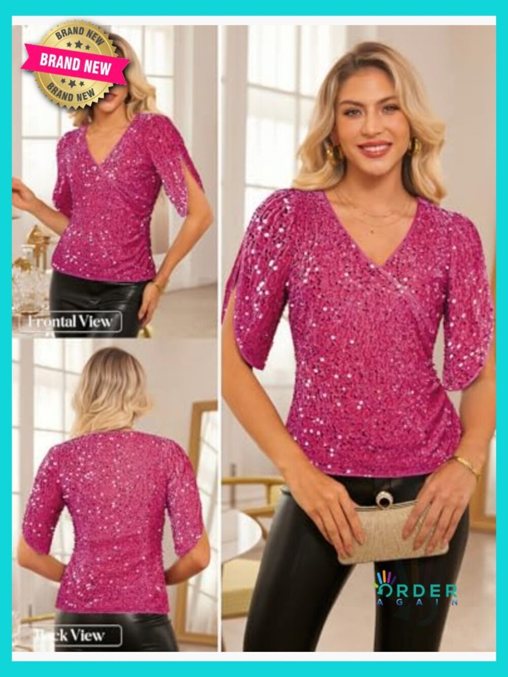 V Neck Velvet Sequin Blouse 3/4 Sleeve Ruched Party Top Dressy Sparkly - Picture 6 of 7